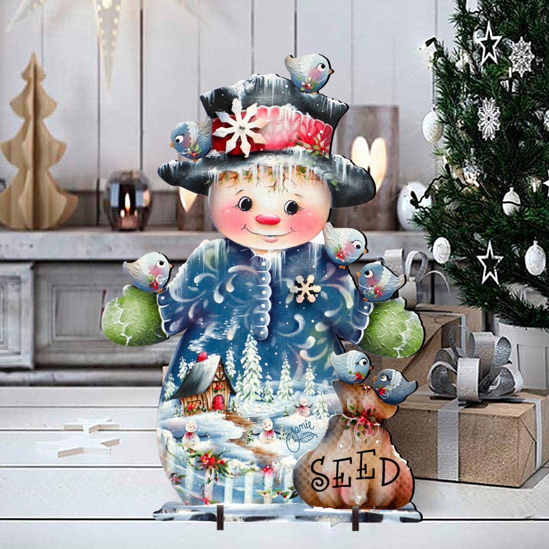 Christmas yard sign snowman with birds and 'SEED' basket, standing on a base