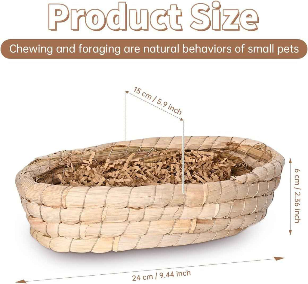 Woven straw bed from the rabbit chew toy set, measuring 24 by 15 by 6 cm