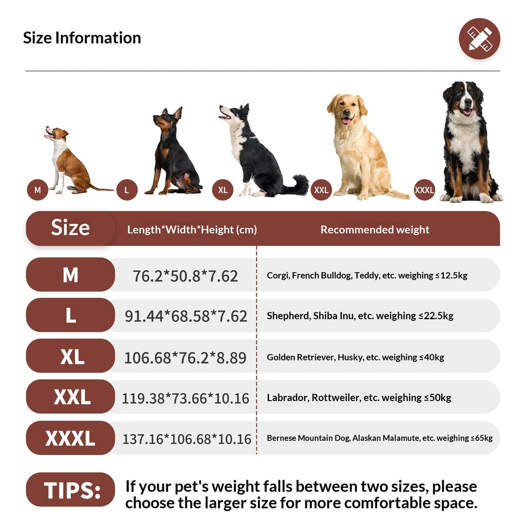 Four-season warm dog bed mat size information chart with model and measurements