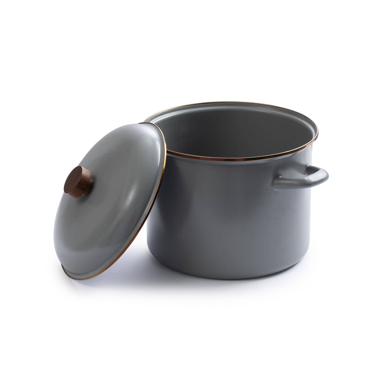 Enamel stock pot with lid open, dark gray enamel, side handles and knob