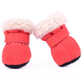 Waterproof winter dog boots, red suede with white sherpa cuffs and black non-slip soles
