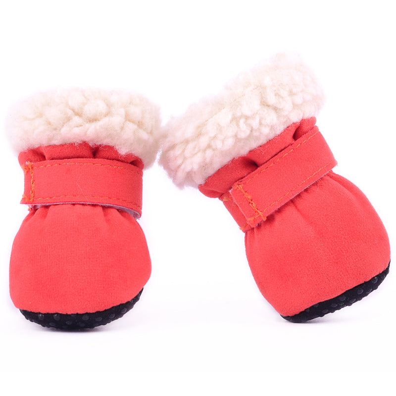Waterproof winter dog boots, red suede with white sherpa cuffs and black non-slip soles