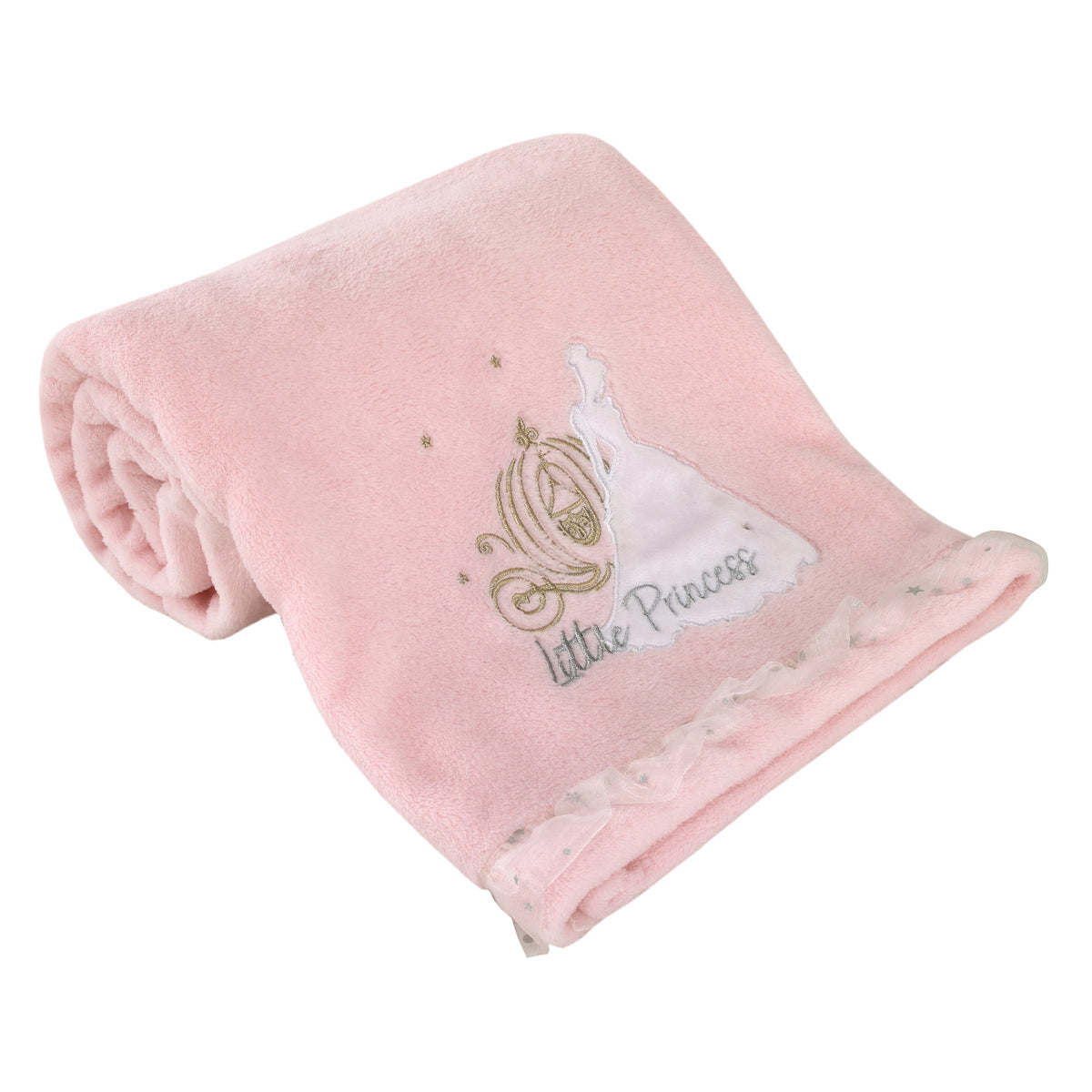Pink super-soft baby blanket with embroidered Little Princess and sheer silver trim