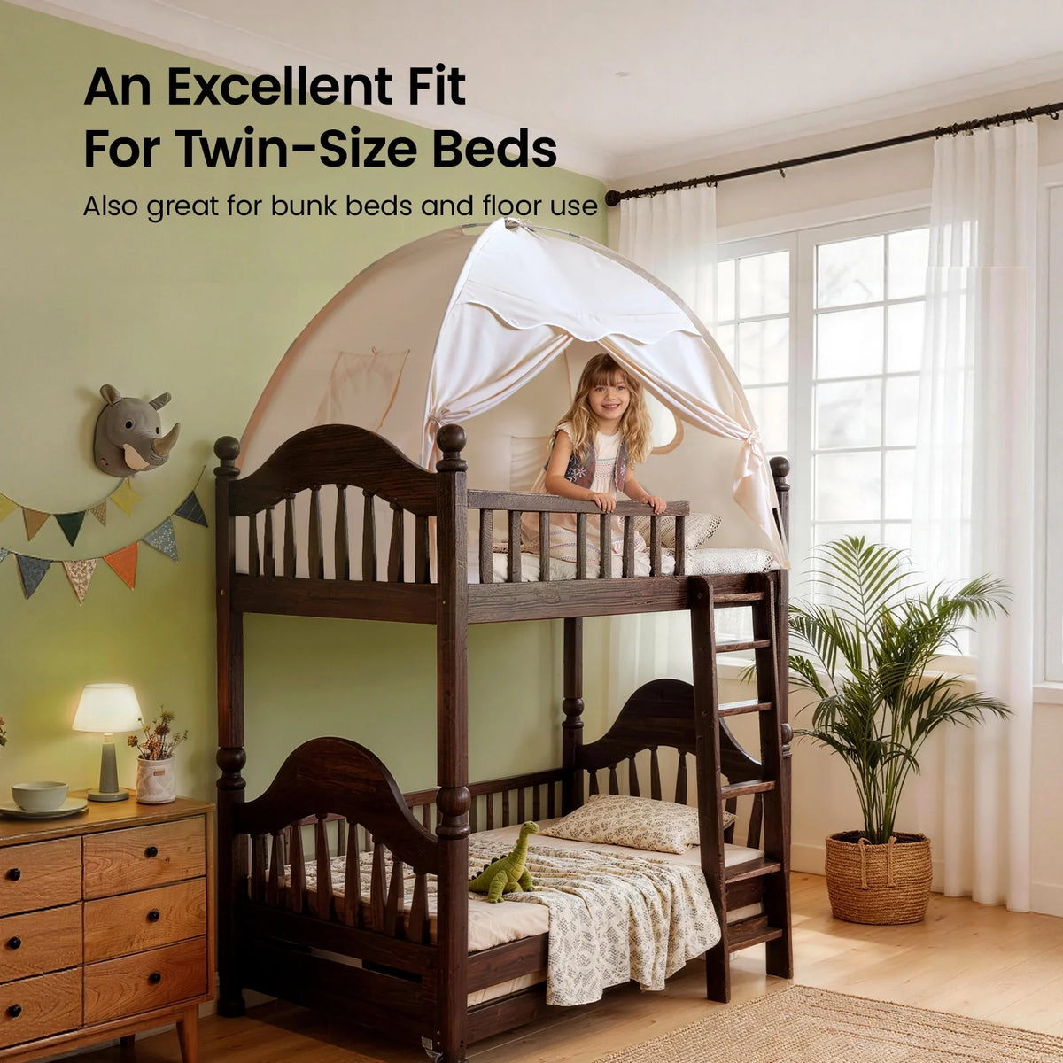 Tiny Land® kids bed tent with canopy over twin-size bed, cream fabric, privacy cover