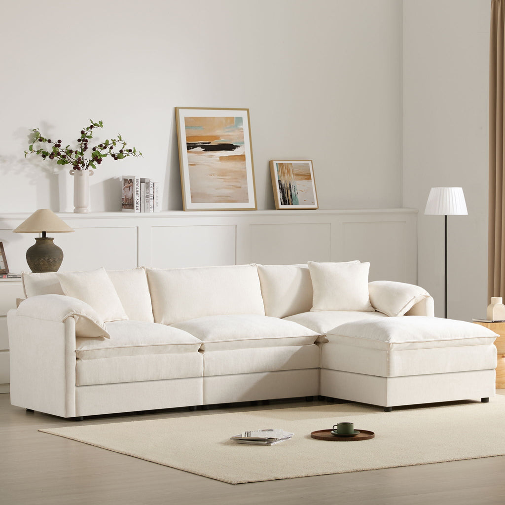 Beige sectional sofa with right chaise, deep seat cushions, and padded back pillows