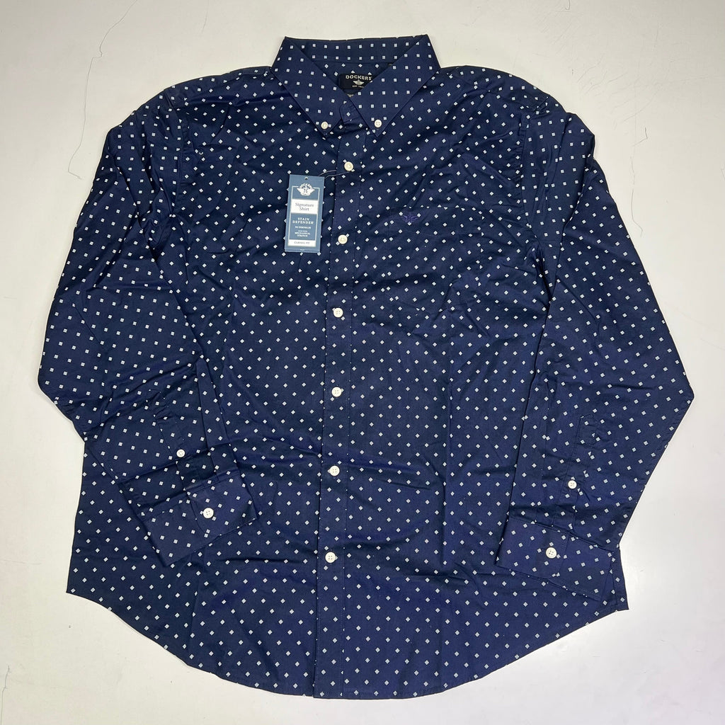 Men's navy button-up shirt with small white dot pattern and button placket