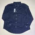 Men's navy button-up shirt with small white dot pattern and button placket