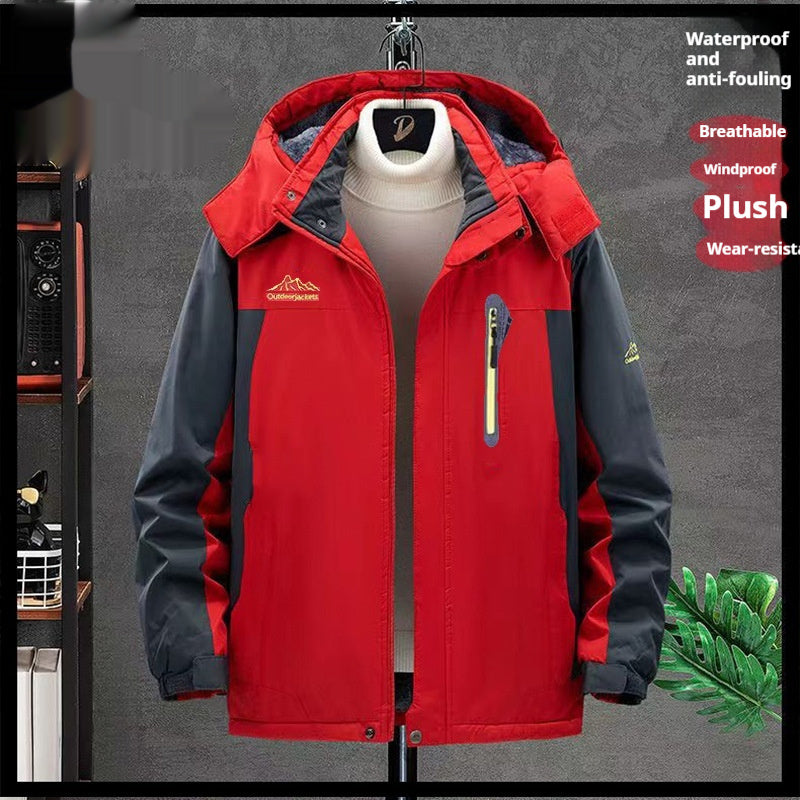Red waterproof windproof jacket with hood and center zipper, chest pocket