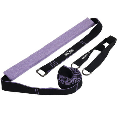 Purple yoga stretch band with black straps and metal buckles, rolled for storage