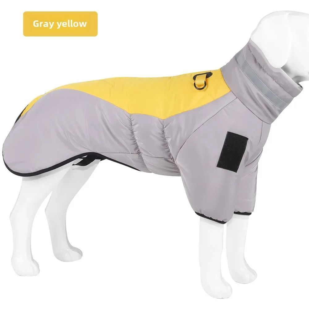 Gray and yellow dog winter jacket with gray collar and chest patch