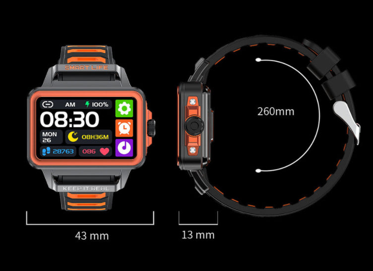 Smart watch with square display and black case, shown with size measurements