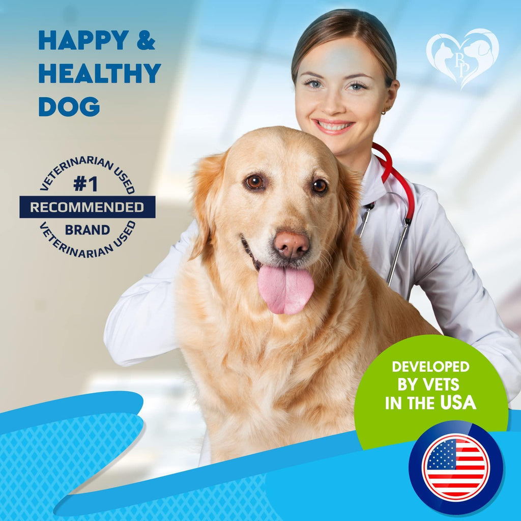 Golden dog with veterinarian beside pet cough supplement badge