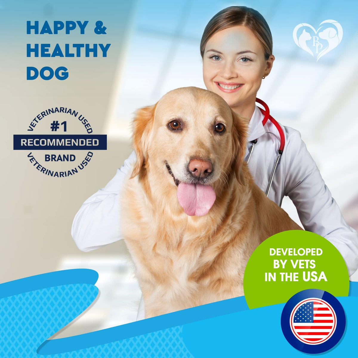 Golden dog with veterinarian beside pet cough supplement badge