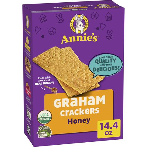 Annie's Organic Honey Graham Crackers box, USDA organic 14.4 oz package.
