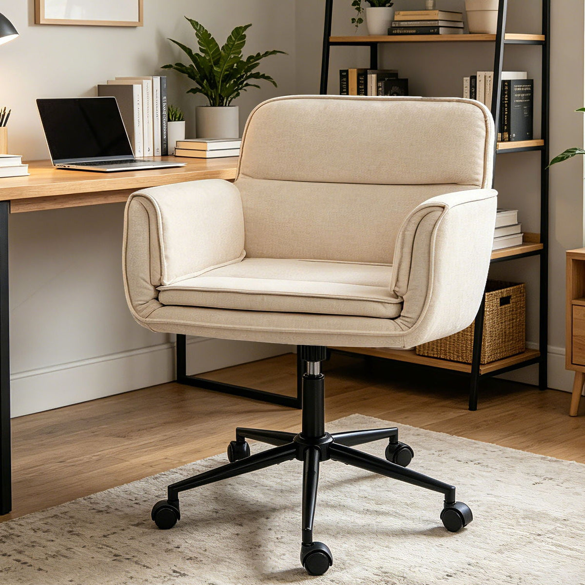Beige upholstered swivel desk chair with armrests and black wheeled base