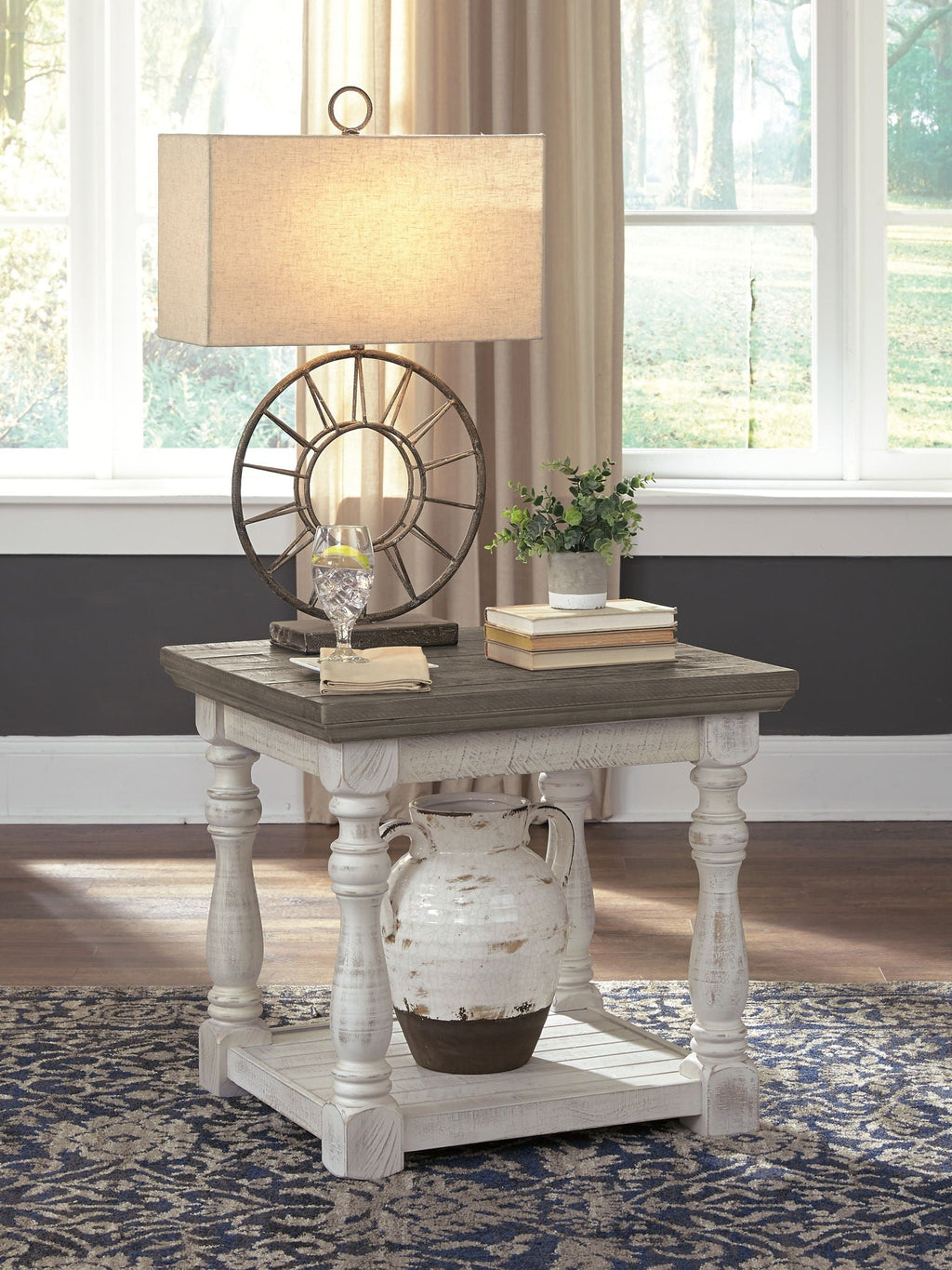 Gray and white rectangular end table with lower shelf and turned legs