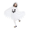 White ghost costume with hood, black jack-o-lantern face, and winged skirt