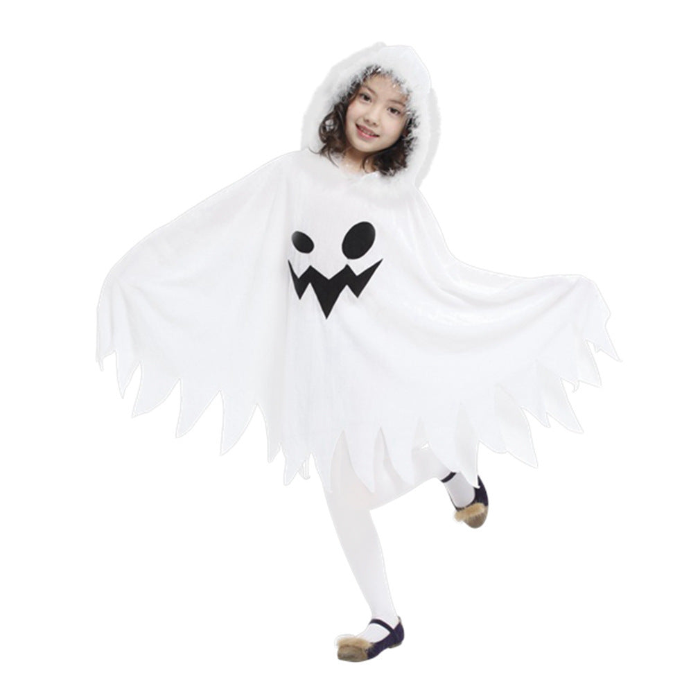 White ghost costume with hood, black jack-o-lantern face, and winged skirt