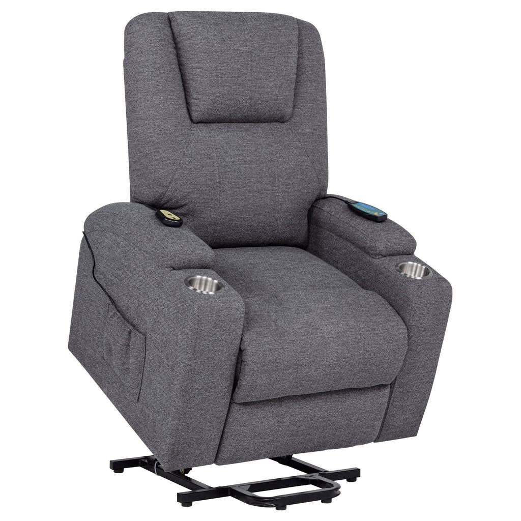 Grey upholstered power lift massage chair reclined, showing leg support and control panels