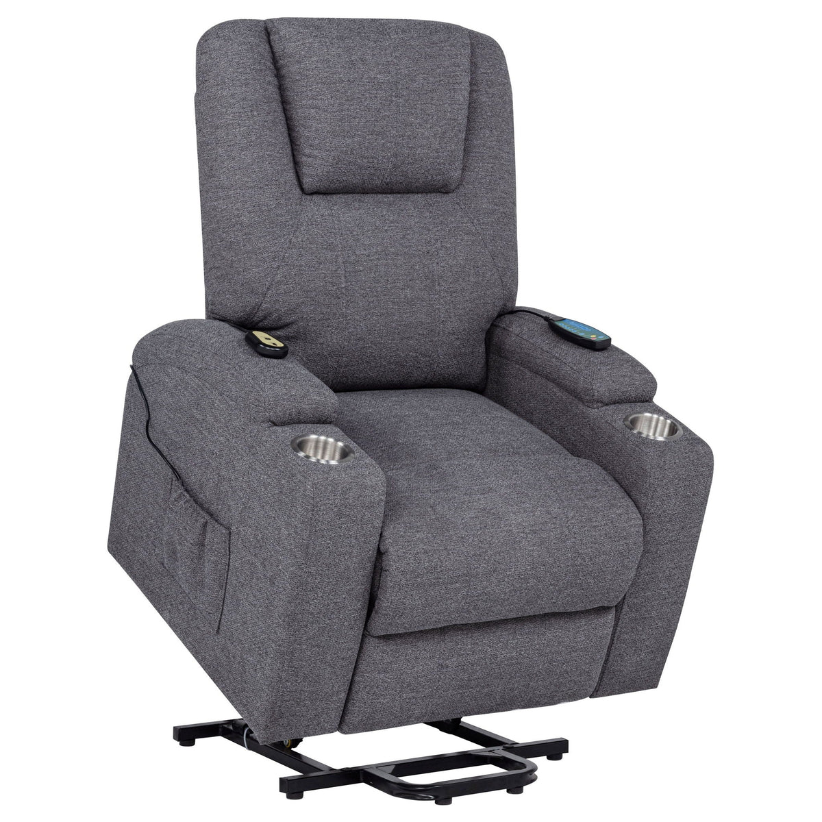Grey upholstered power lift massage chair reclined, showing leg support and control panels