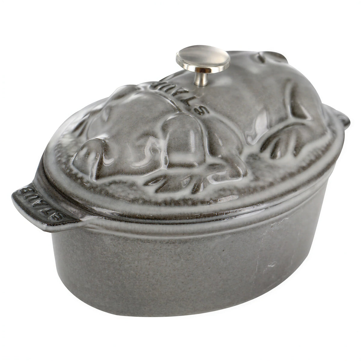 Staub pig cocotte in graphite gray enameled cast iron with matching lid, oval 1 qt