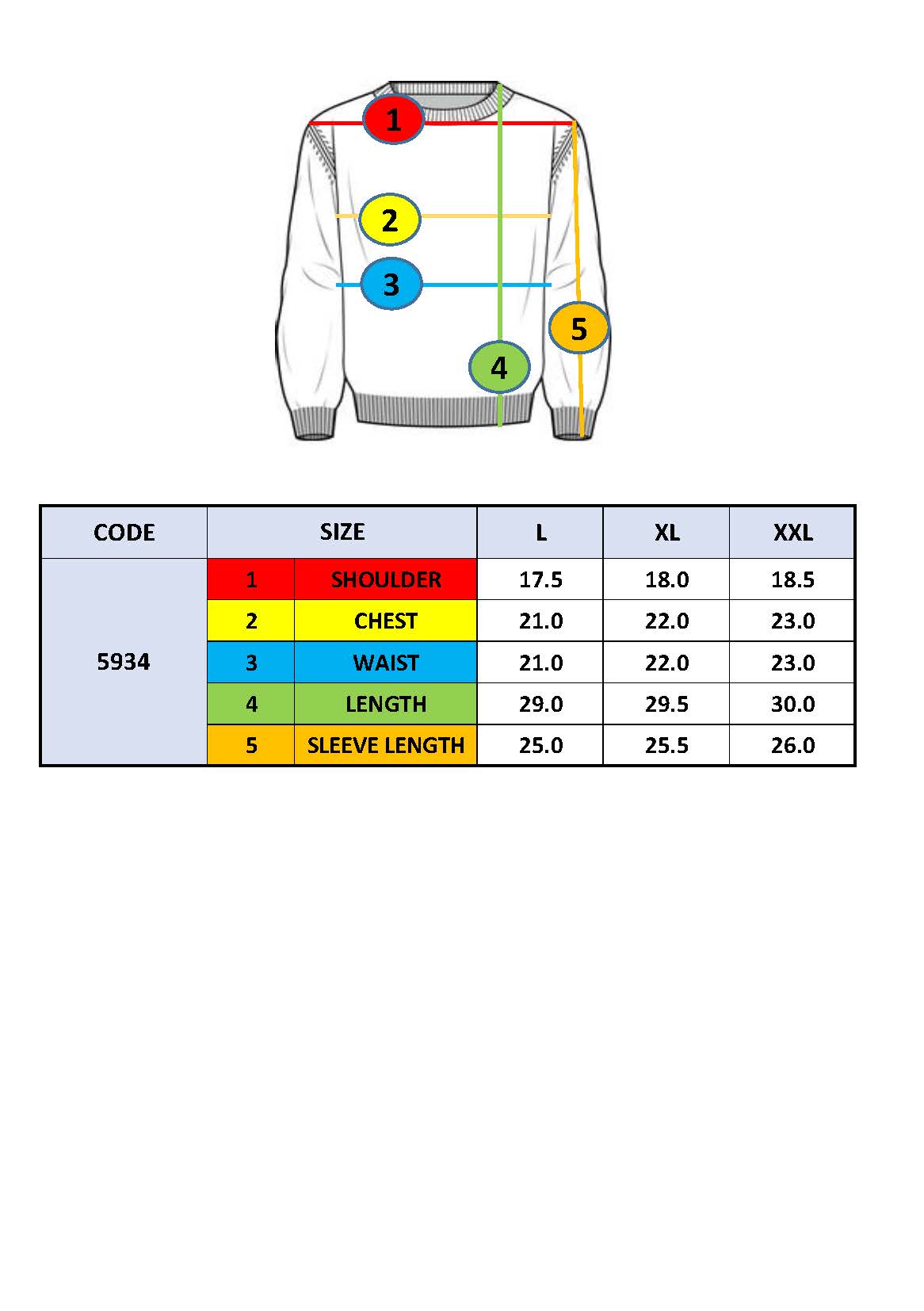 Size chart graphic for sweater code 5934 with L–XXL measurements and sleeve length