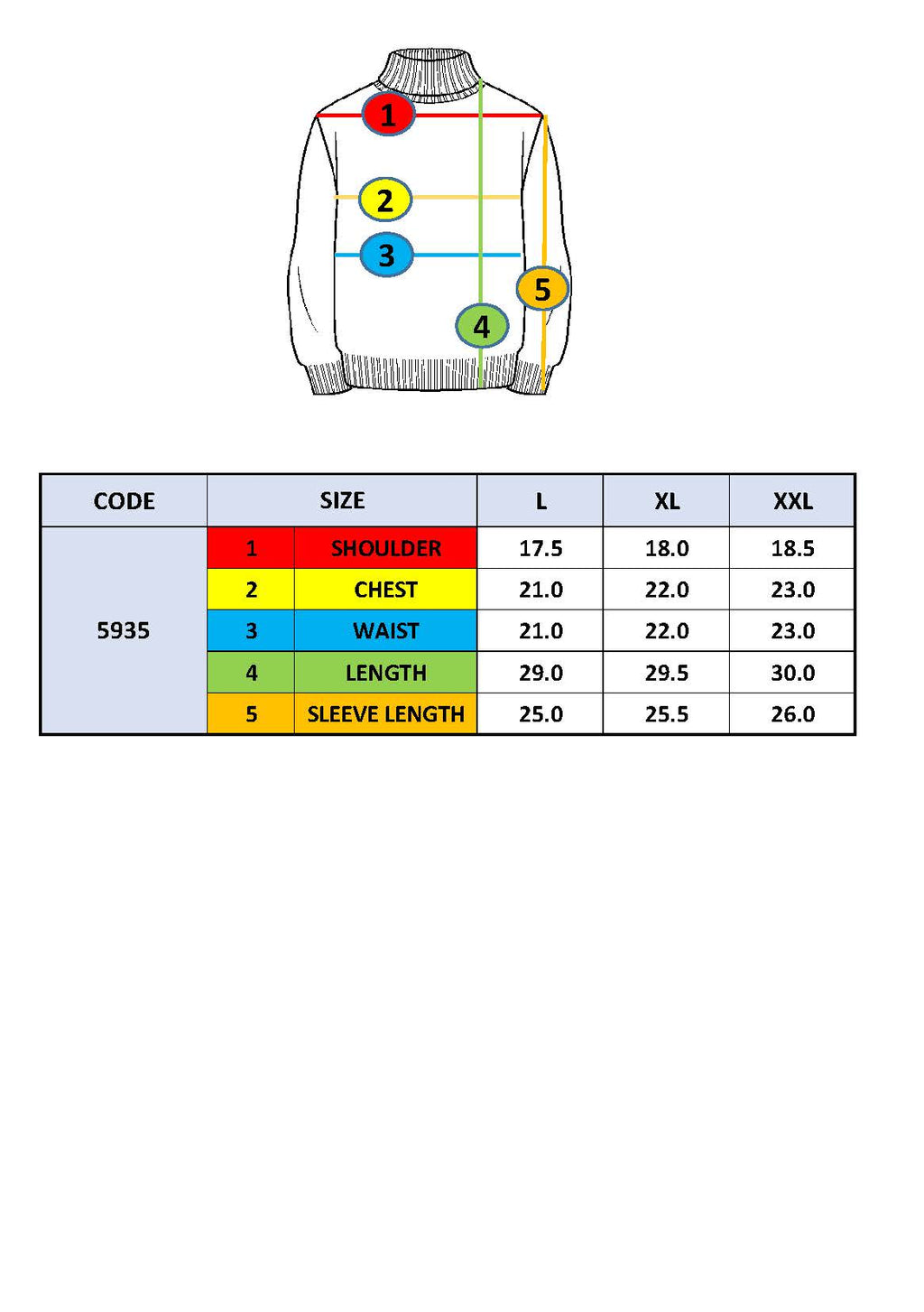 Sweater size chart showing shoulder, chest, waist, length, and sleeve length (L–XXL).