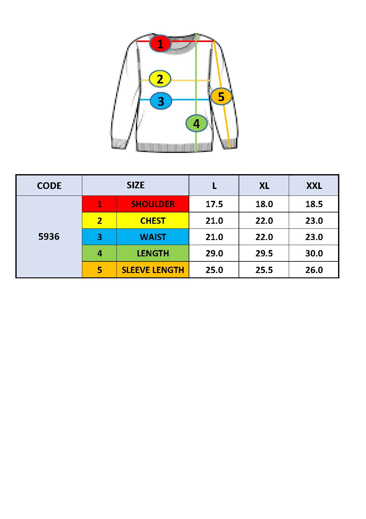 Caravan crewneck sweatshirt size chart with shoulder, chest, waist and sleeve measurements