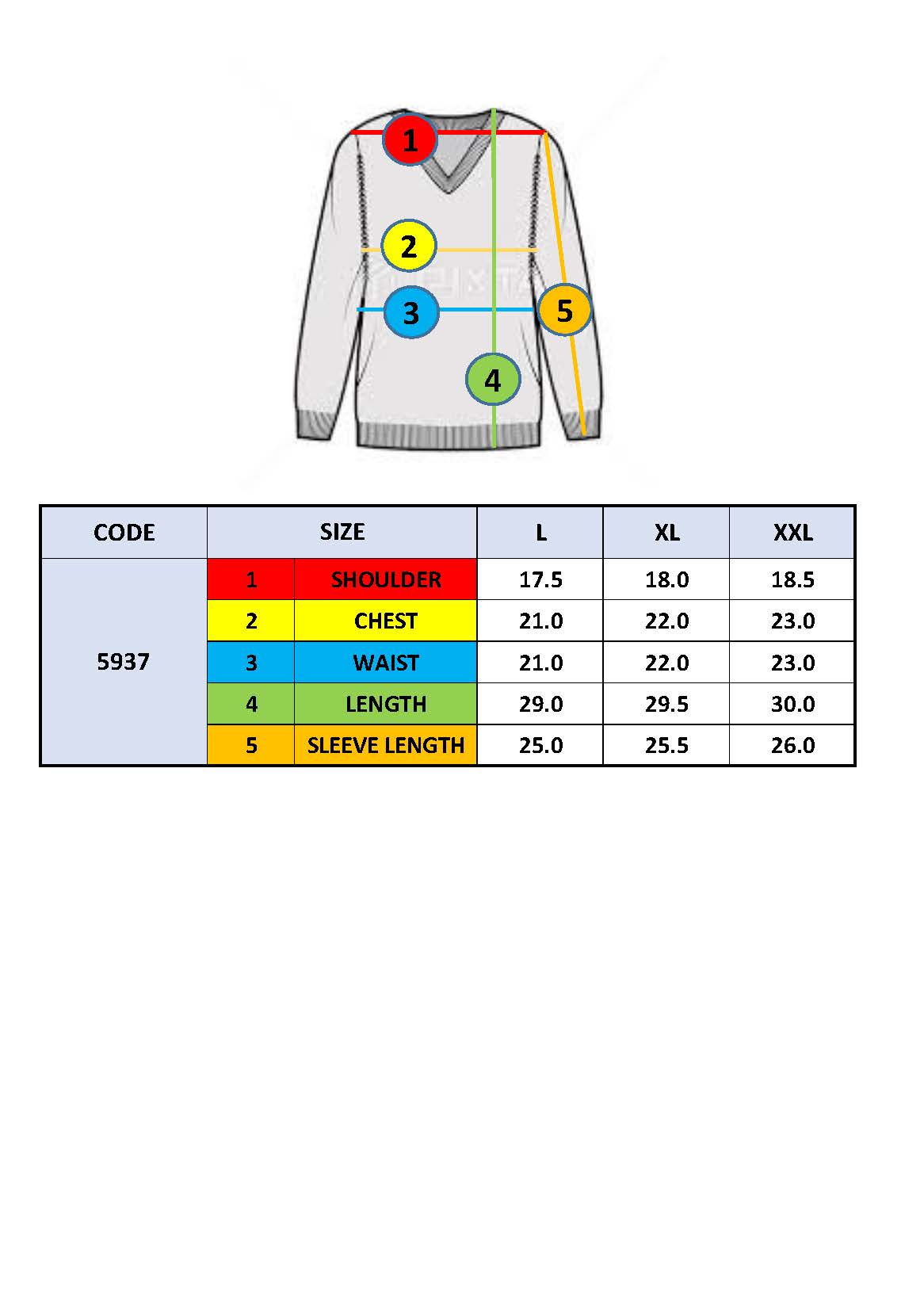 V-neck sweater measurement diagram and size chart with shoulder, chest, length