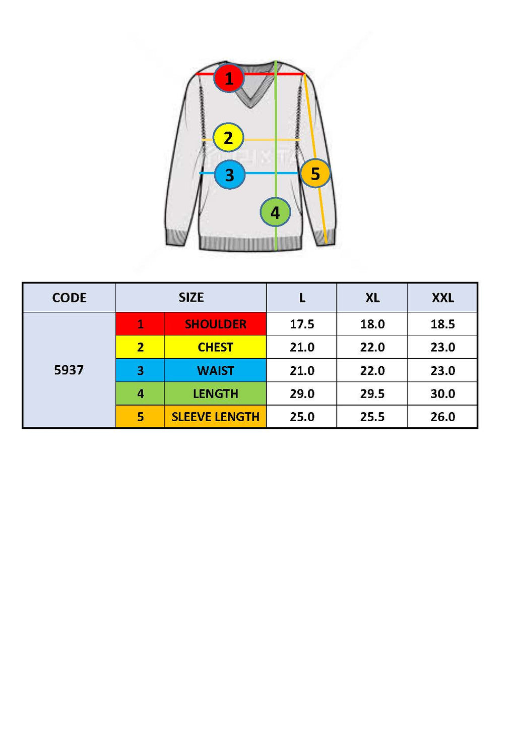 Tan v-neck sweater size chart diagram with measurements table