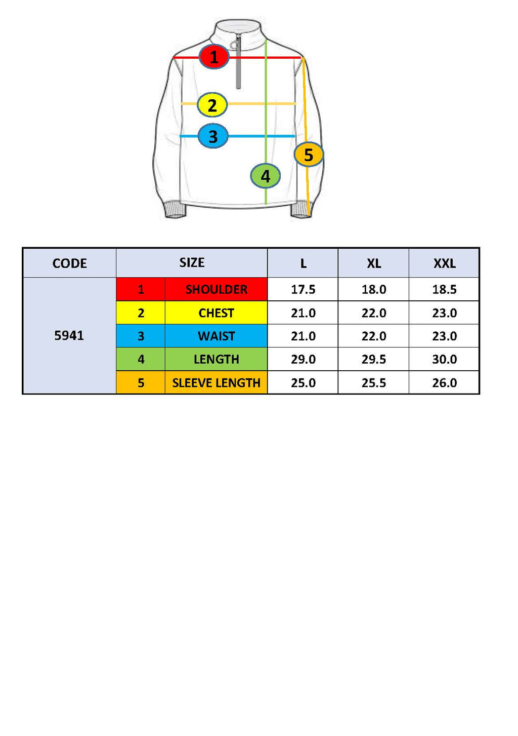 Quarter-zip sweater size chart with measurement guide for L, XL, XXL