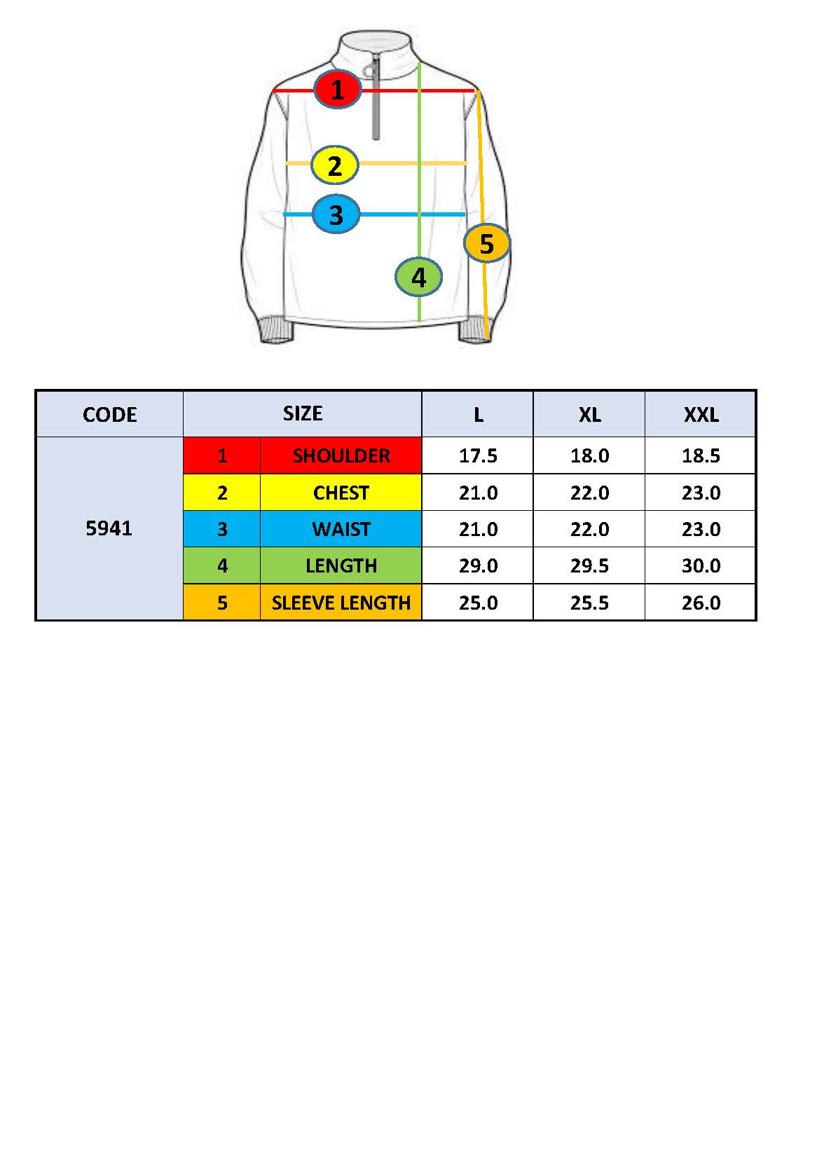 Quarter-zip sweater size chart with measurement guide for L, XL, XXL