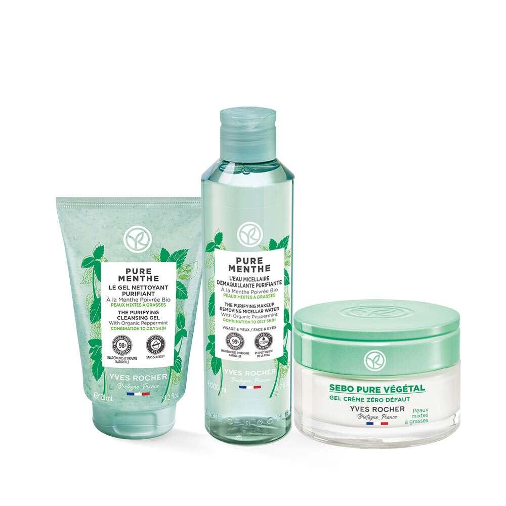 Mint skincare set: cleanser tube, cleansing bottle, and gel jar