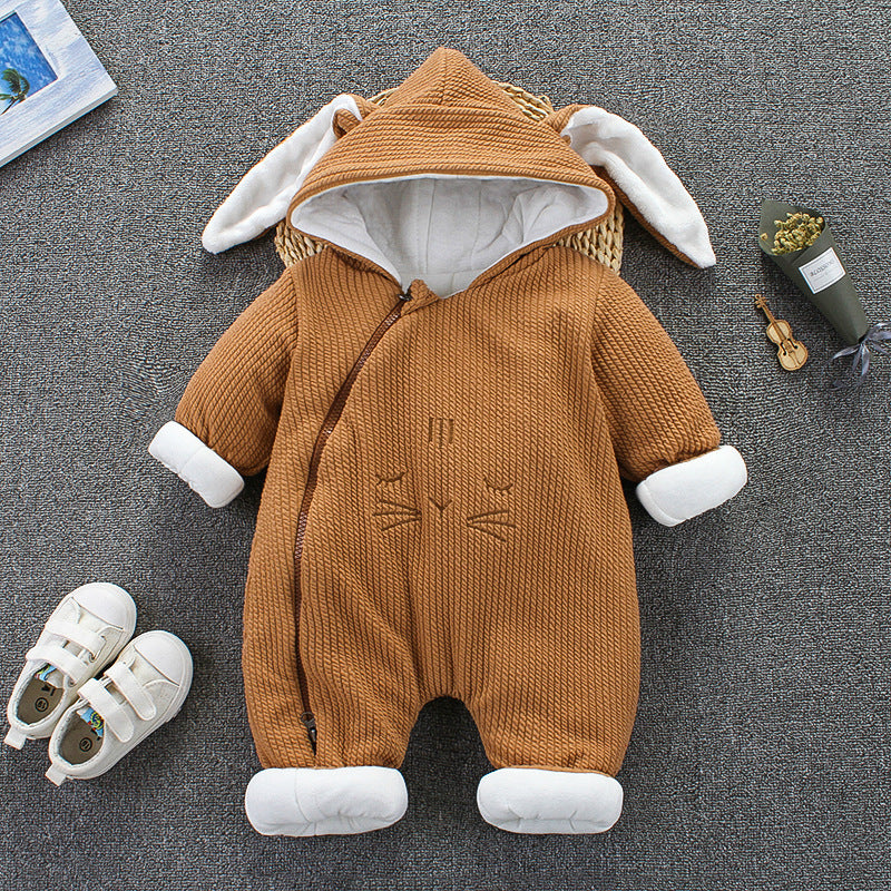 Orange baby winter snowsuit romper with bunny-ear hood and stitched face