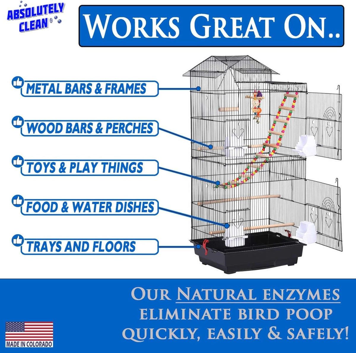 Bird cage cleaner and deodorizer shown for use on cage bars, perches, toys, dishes, and trays