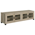 Distressed pine TV stand with four cabinet doors and open shelving, black feet