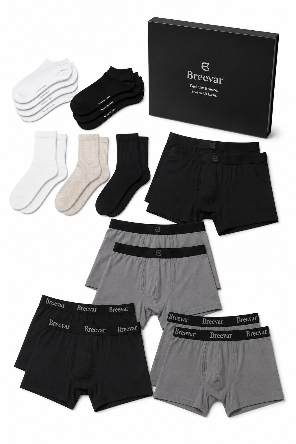 Men's underwear and socks gift box with black and gray boxer briefs plus white and black socks