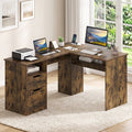 L-shaped executive desk with dark wood-look finish and built-in drawers on both sides