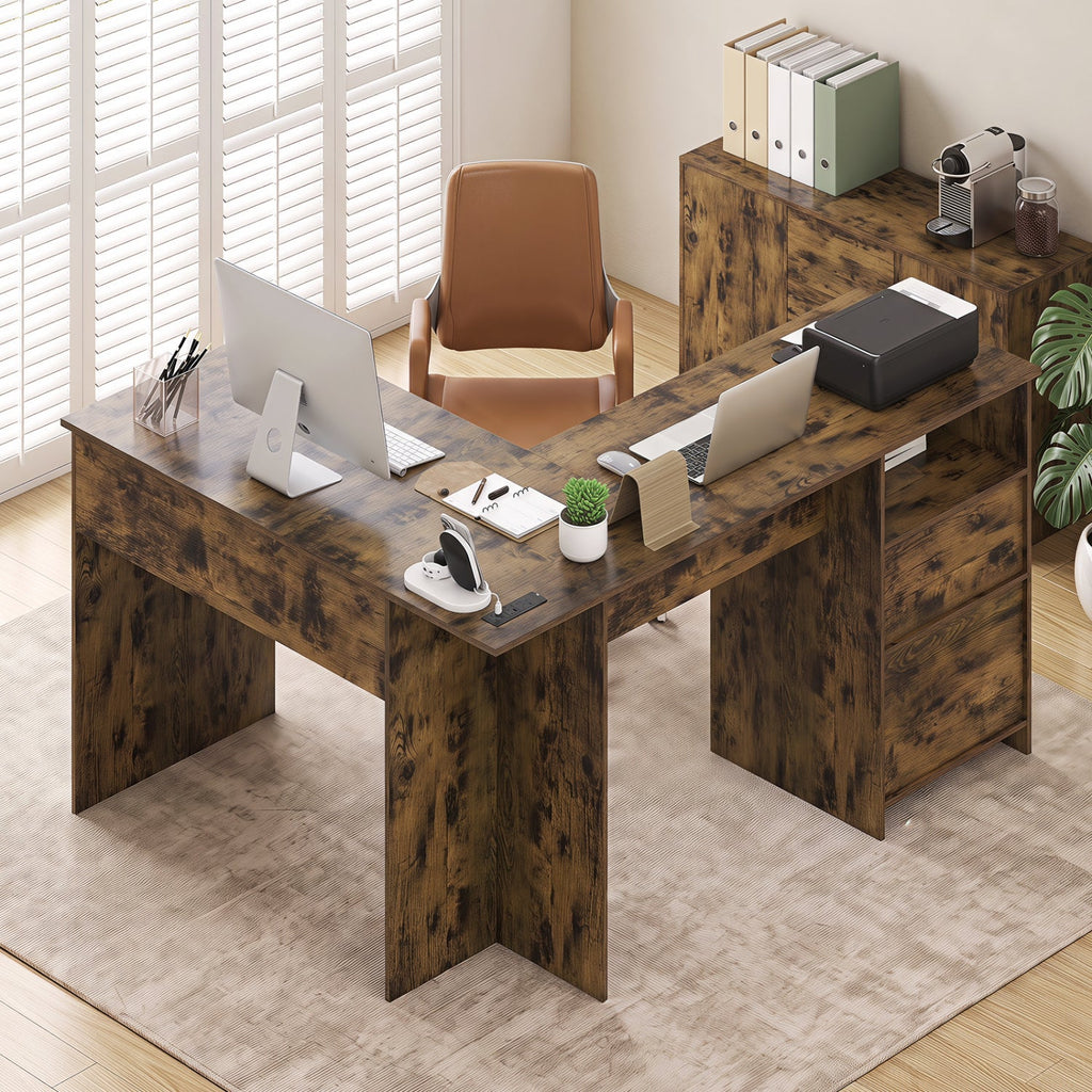 L-shaped office desk with dark wood-look tabletop, corner return, and side drawer storage