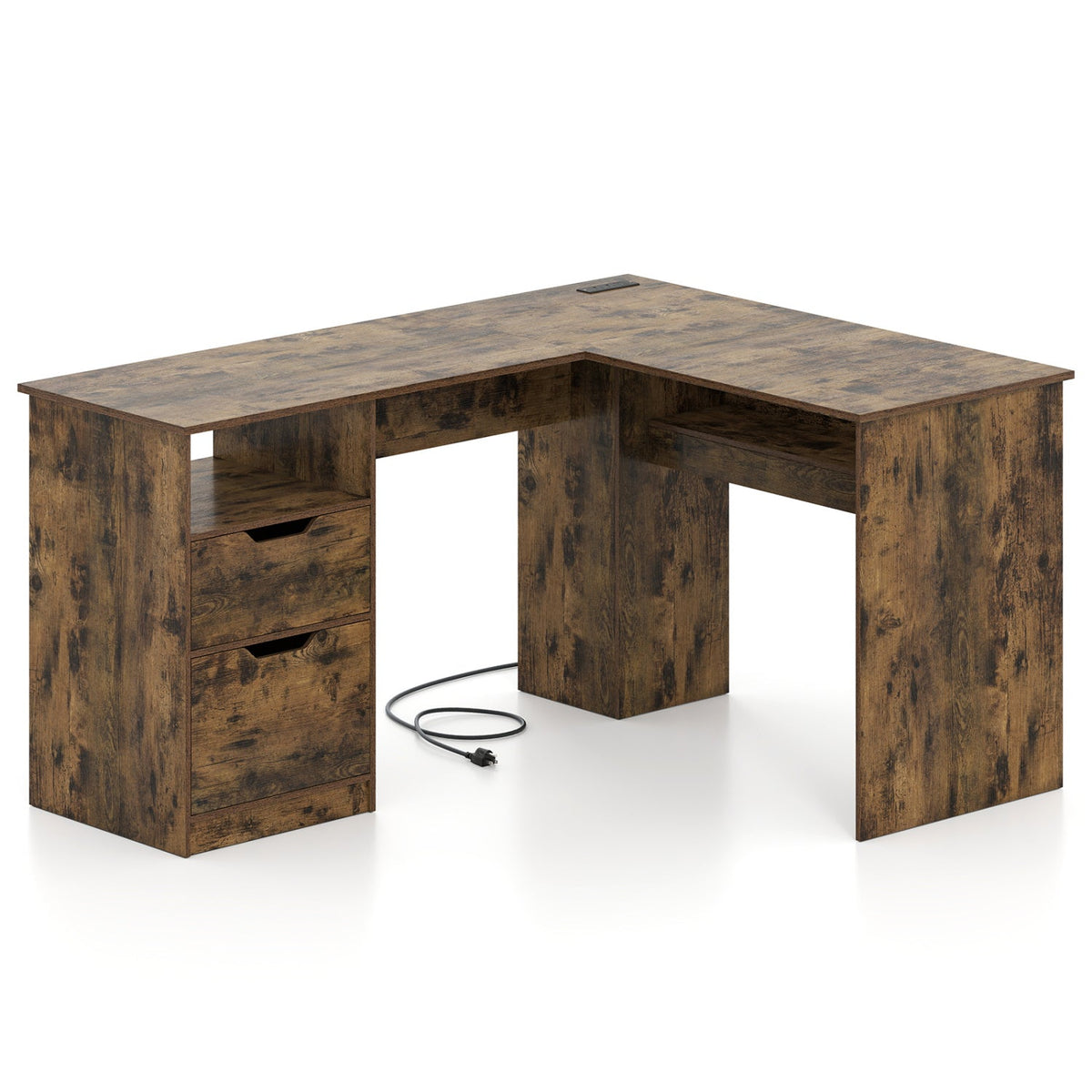 L-shaped desk with dark wood-look panels, open cable pass-through on the tabletop