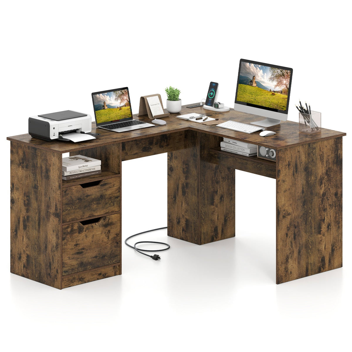 L-shaped office desk with dark wood-look finish, drawer units on both sides, wide tabletop