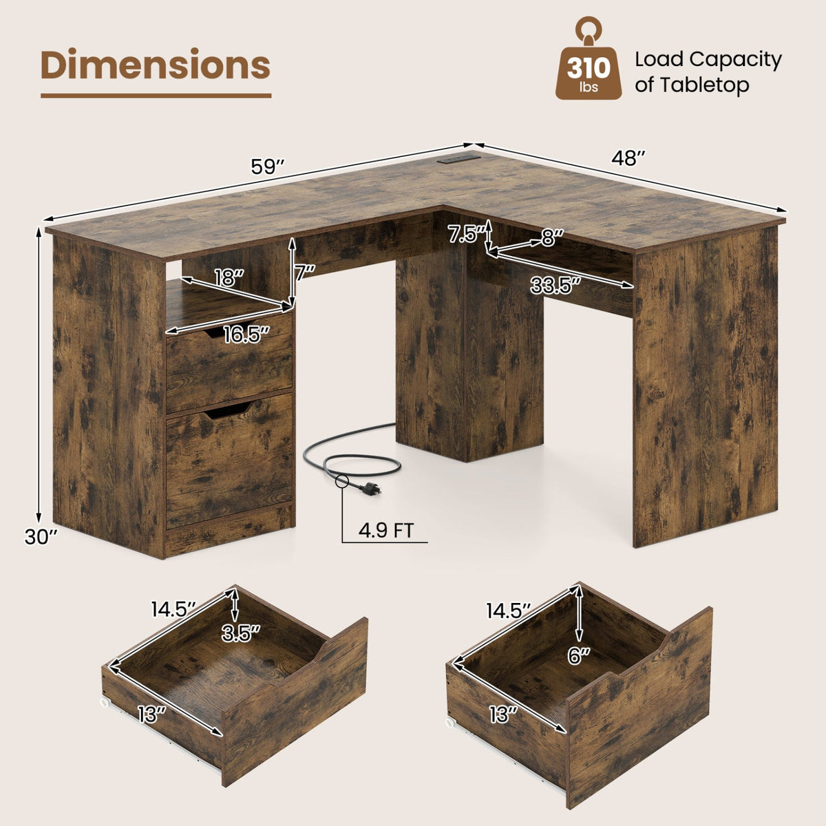 L-shaped desk with dark wood-look finish, built-in drawers and open storage shelves