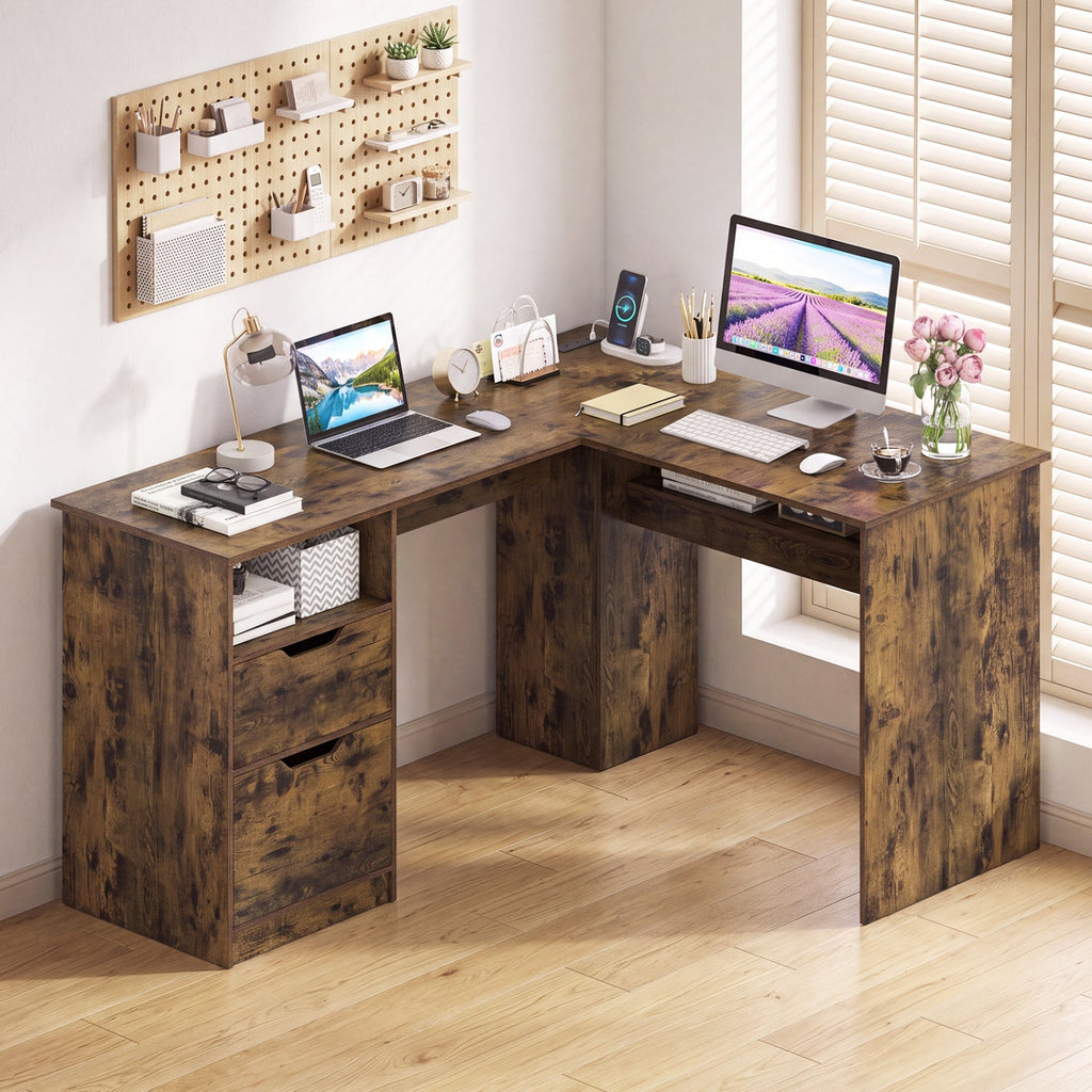 L-shaped office desk with dark wood-look finish and two drawer cabinets beneath the top