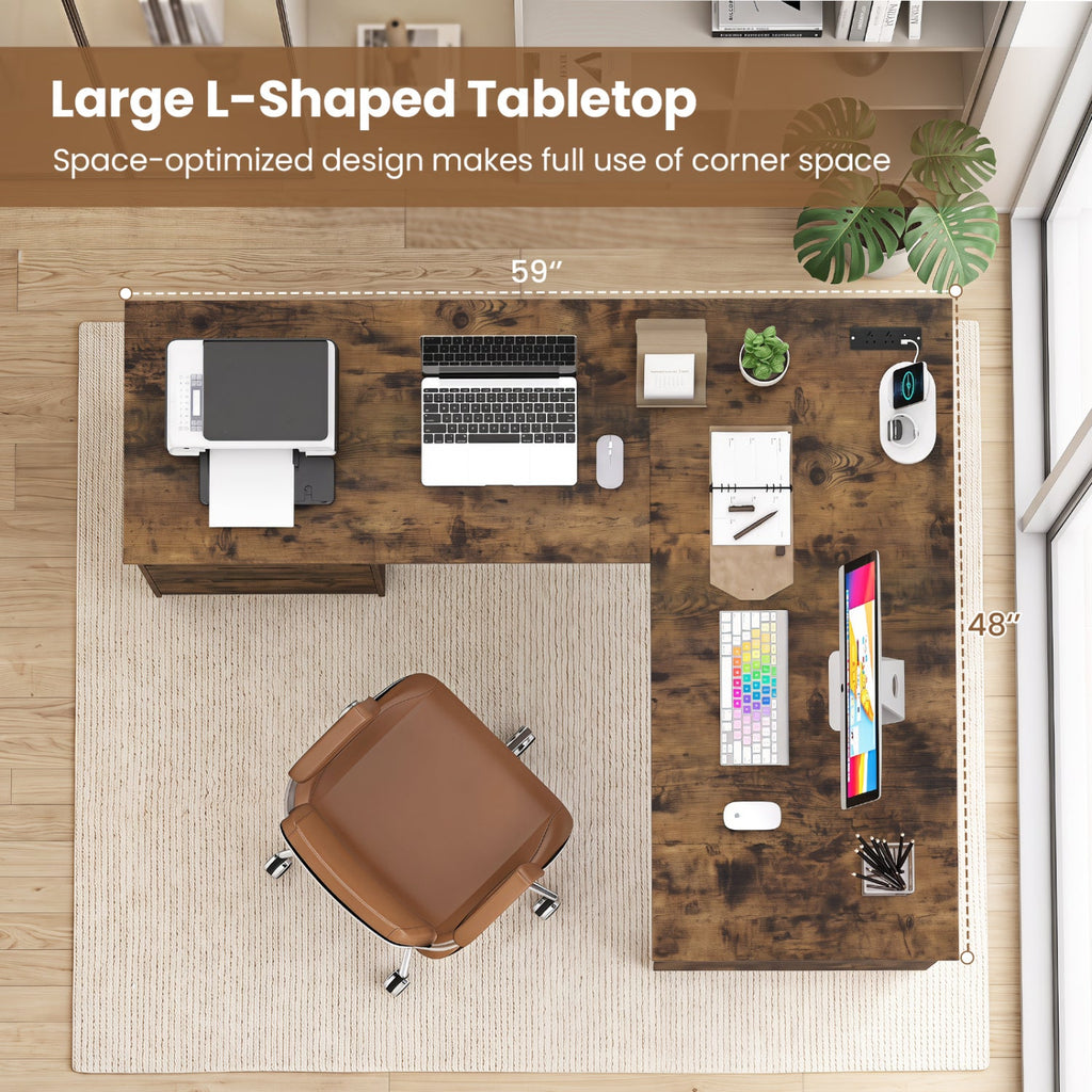 Top view of L-shaped desk with dark wood-look tabletop and corner storage drawers