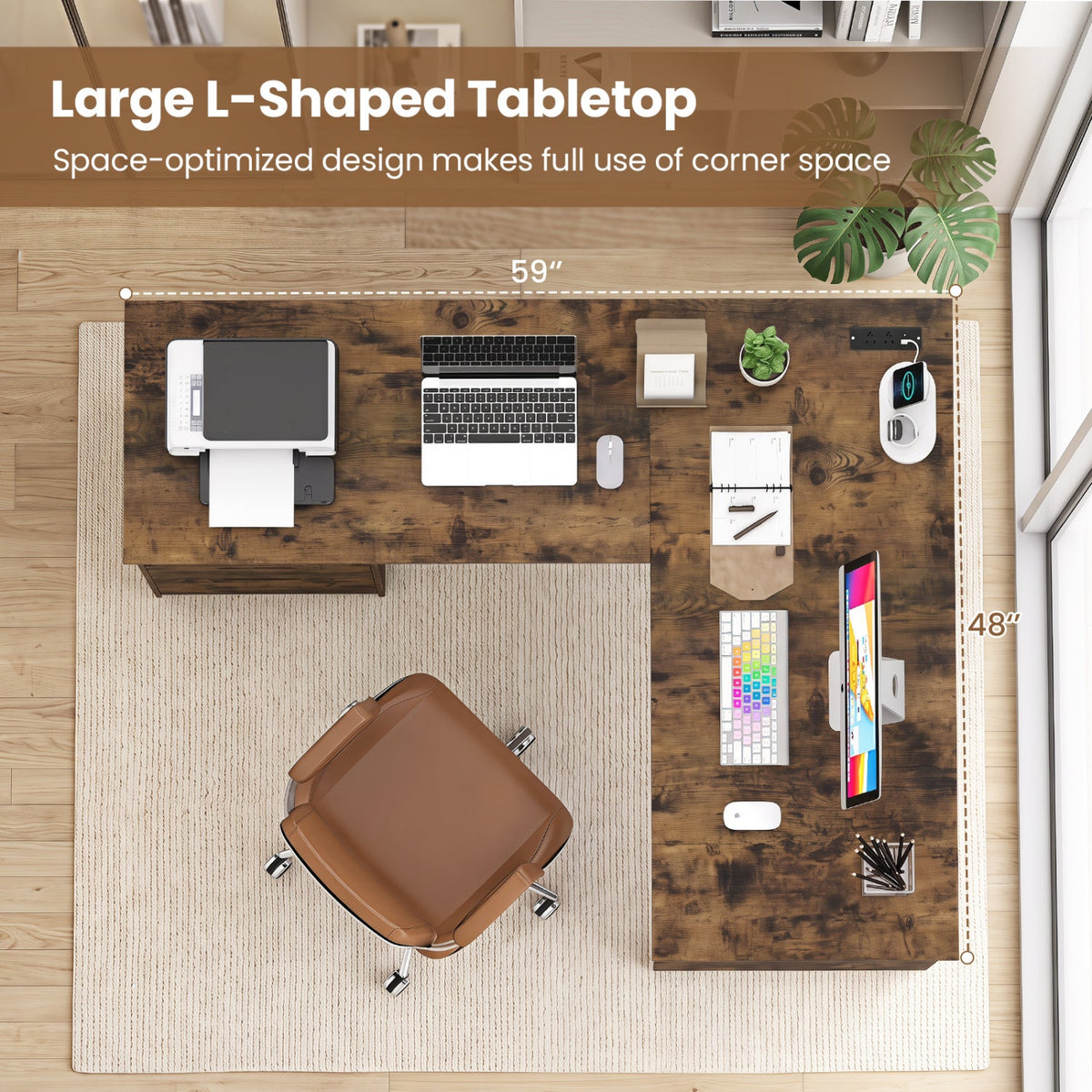 Top view of L-shaped desk with dark wood-look tabletop and corner storage drawers