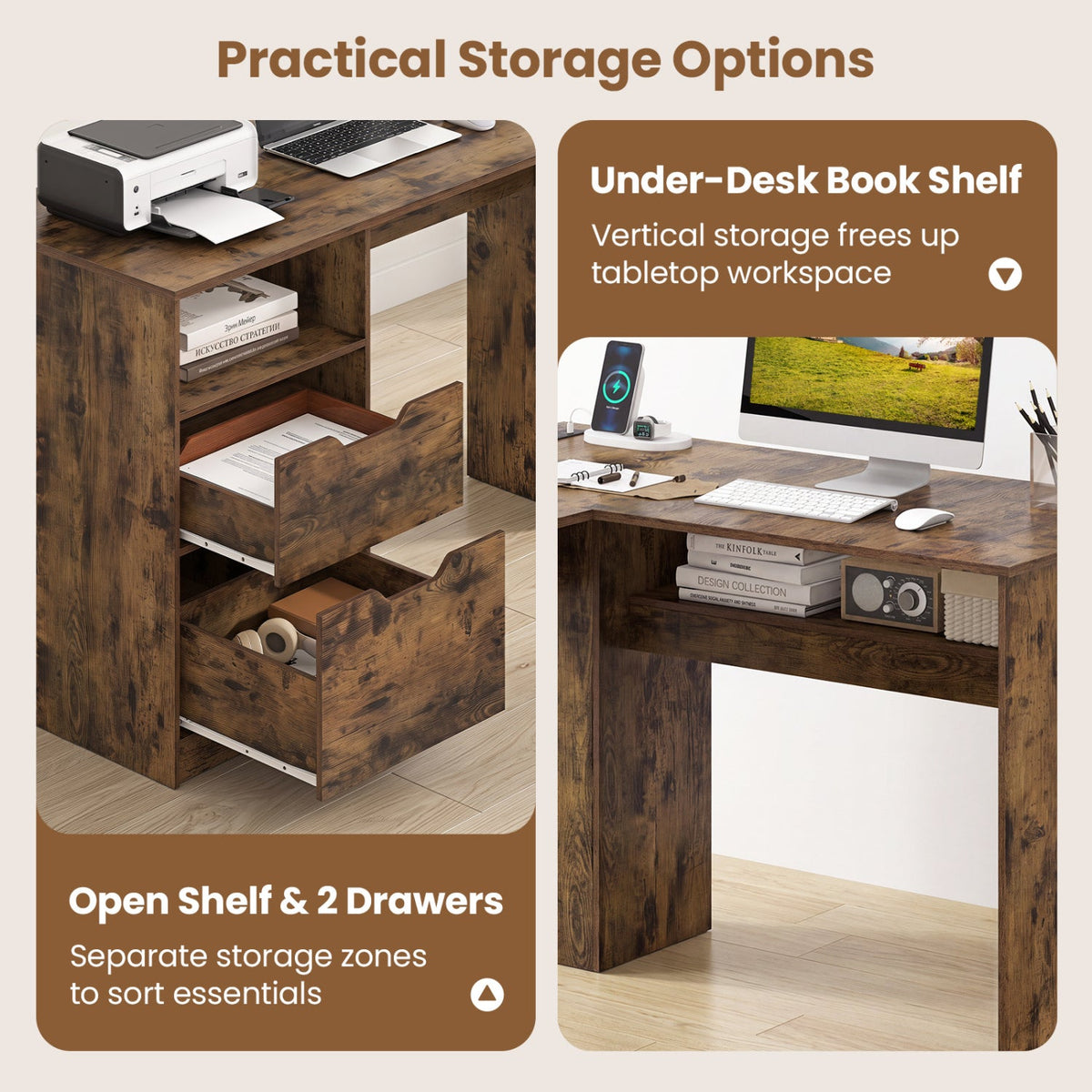 L-shaped desk with dark wood-look finish, open shelf and two drawers for organization