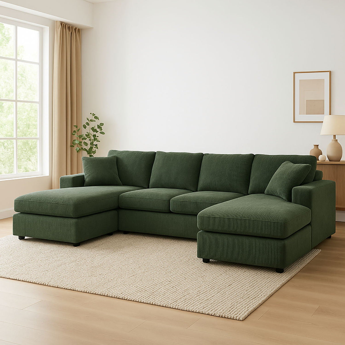Dark green sectional sofa with double chaise and tufted seat cushions