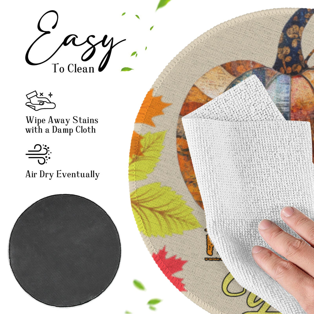 Round beige place mat with pumpkin print; wipe-away care icons and hand cleaning