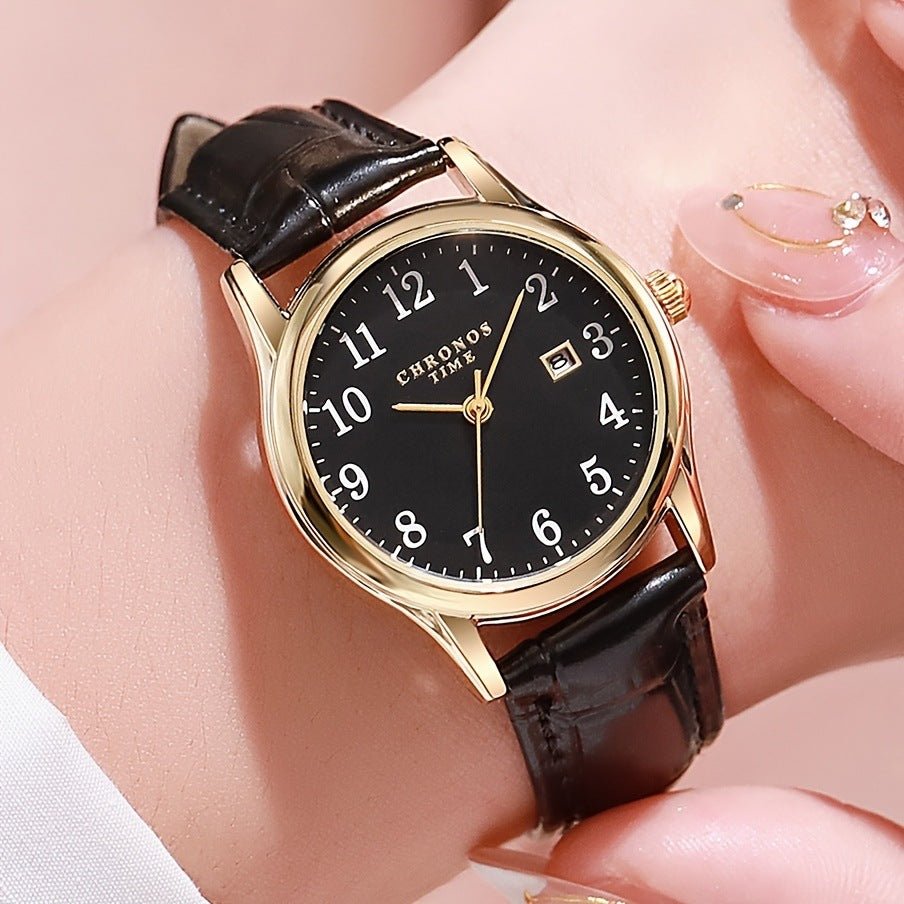 Minimalist digital-calendar wristwatch with black dial, black leather strap, gold-tone case