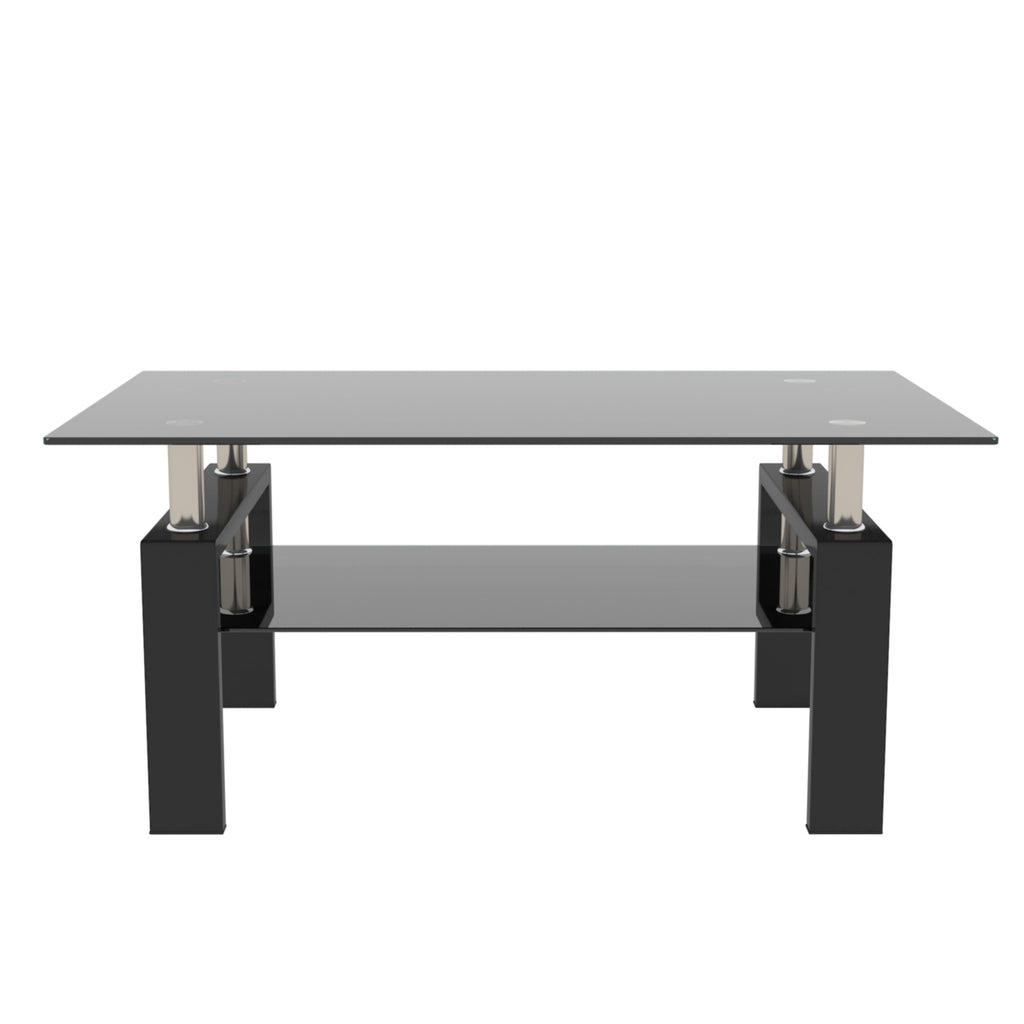 Rectangular glass coffee table with black frame and four chrome corner supports